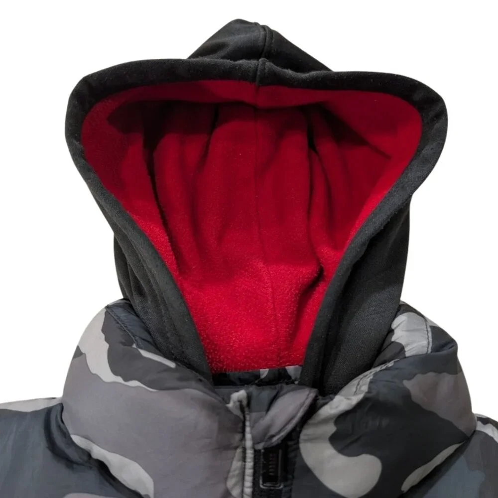 Jordan Youth Small 8-10 Grey Camo Puffer Vest Hoodie Jacket Red Fleece Lined